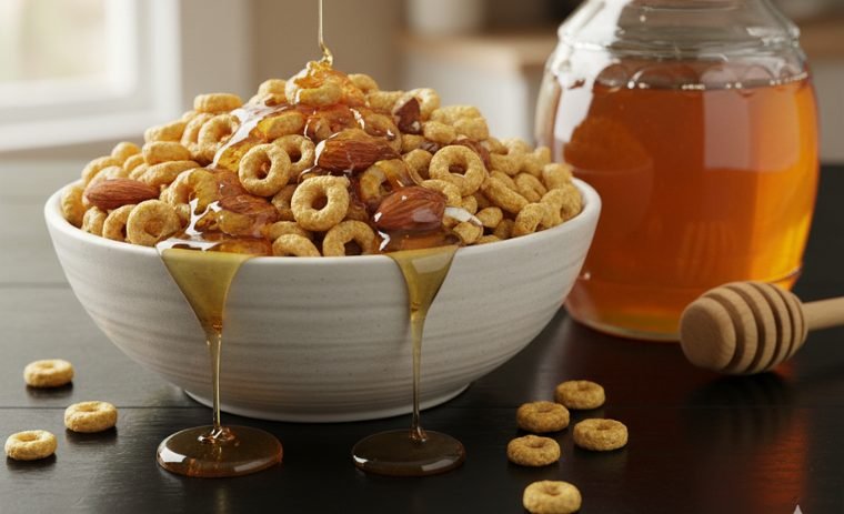 Can Diabetics Eat Honey Nut Cheerios? A bowl with full of Honey, Nut & Cheerios with a full jar of honey on a table