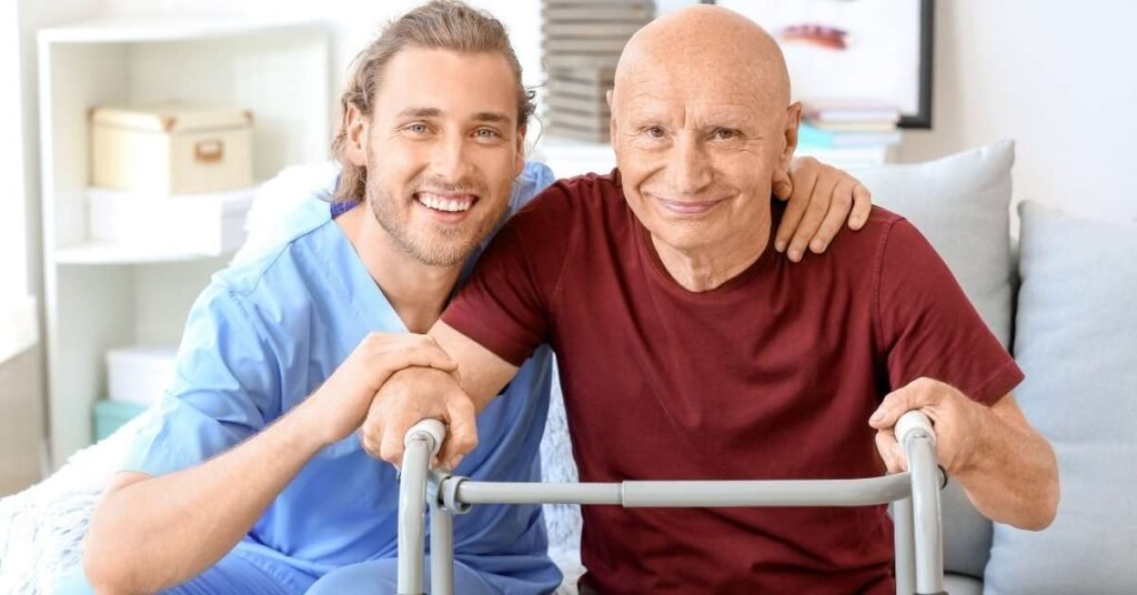 In-Home Care supports stroke or surgery recovery as a caregiver assists an older adult using a walker at home under professional supervision.