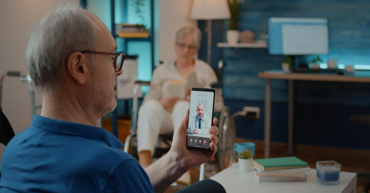 Senior using telehealth video consultation at home, showing how technology is transforming home health care in New Jersey through virtual doctor visits and remote health support.