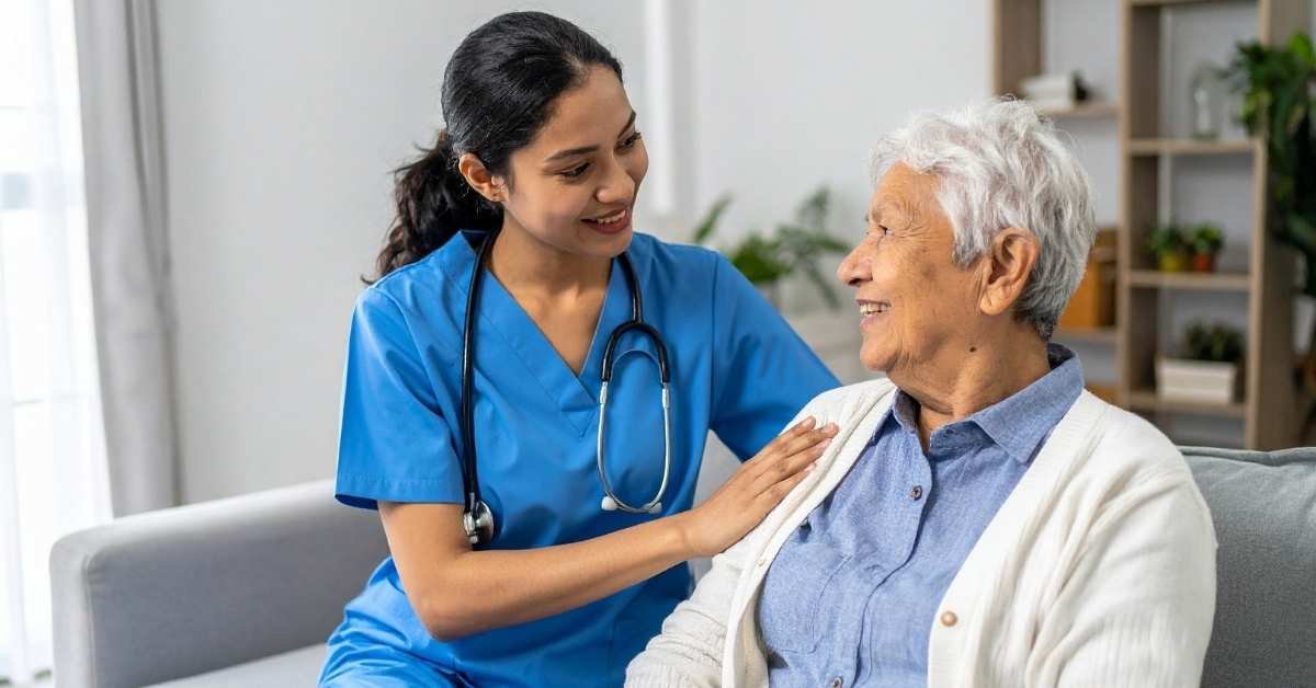 In-home skilled nursing nurse providing post-hospital care and monitoring an elderly patient at home.